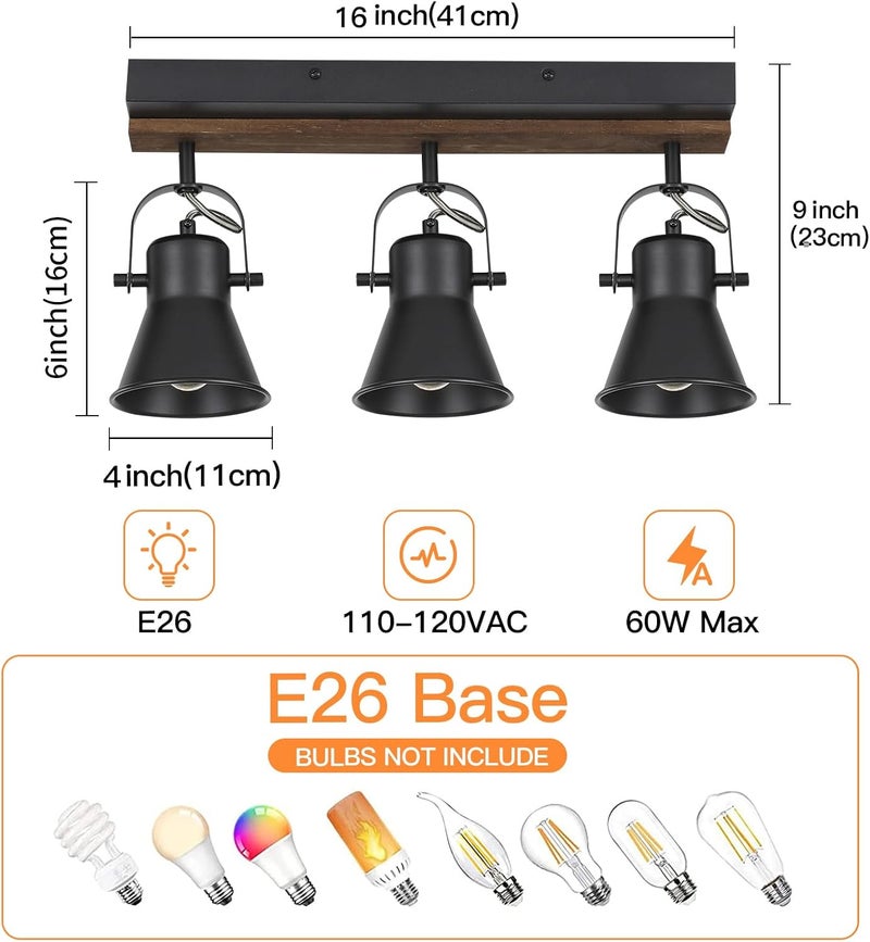 SEEBLEN 3-Light Kitchen Light Fixtures, Adjustable Ceiling/Wall Mount Spotlight, Industrial Black Track Lighting for Living Room, Dining Room, Hallway, Bathroom - Image 4